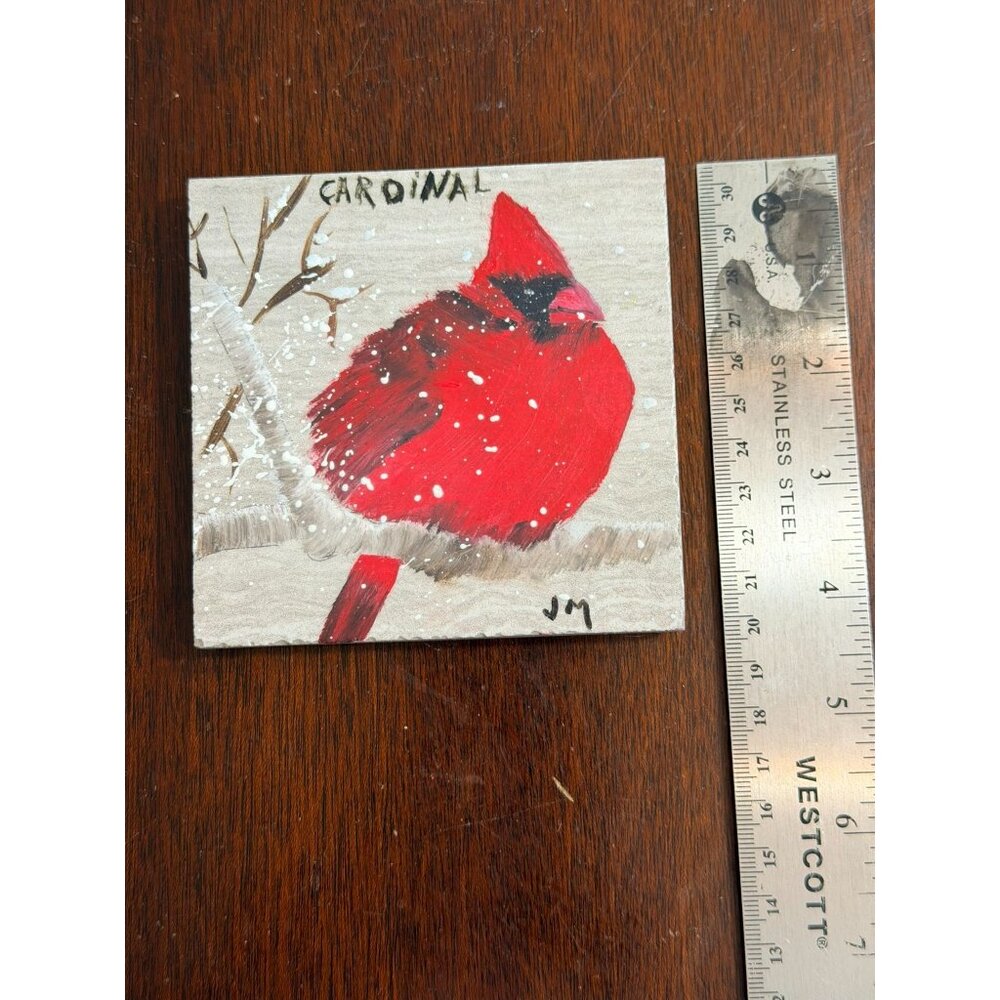 Hand-Painted Cardinal Tile Coaster With Felt Pads Winter Snow Scene Signed JM 4x